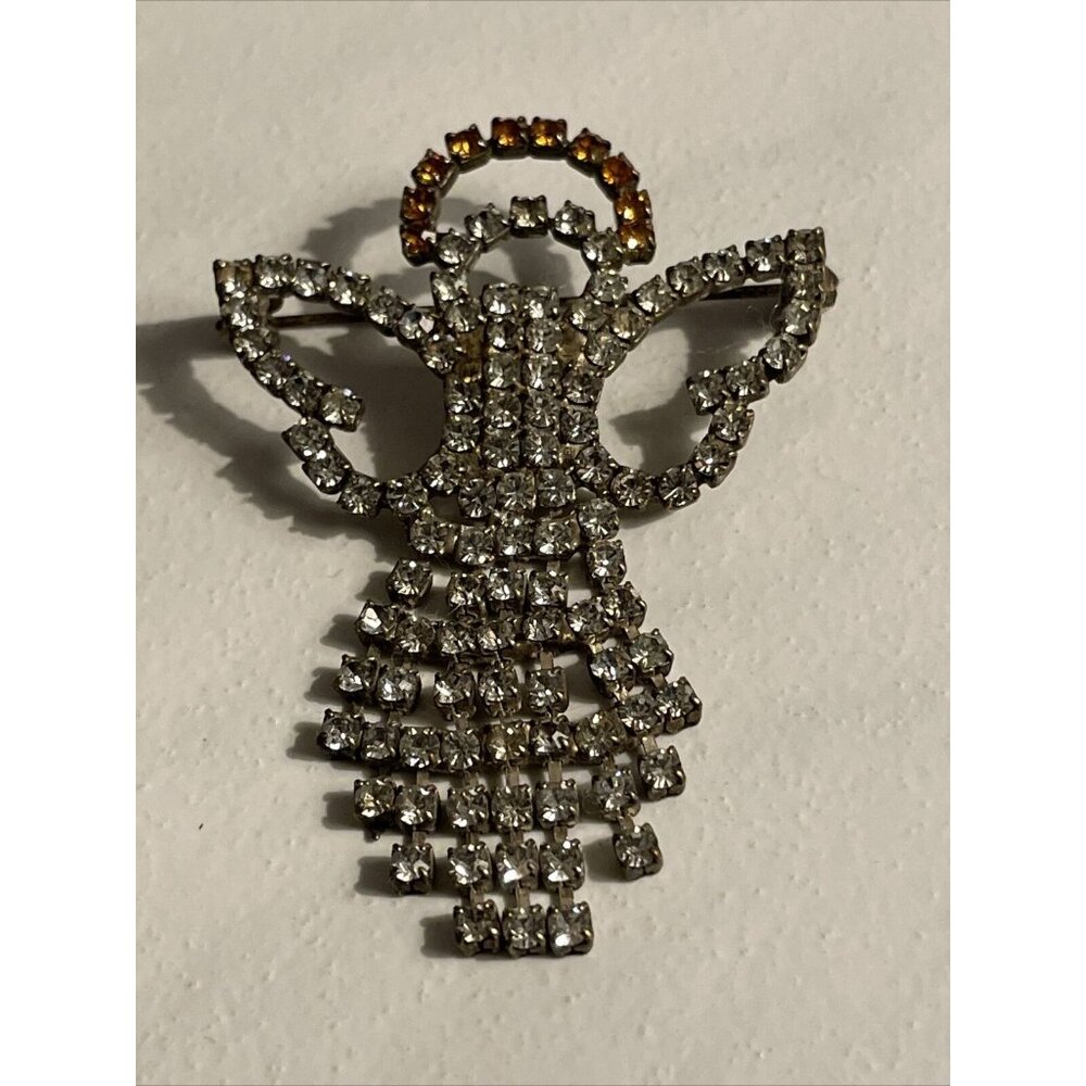 VTG Austrian Crystal Brooch Pin Signed OTC Angel‎ Foiled Back Dangle Read